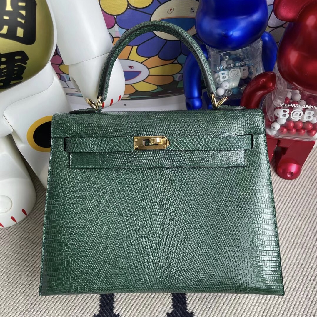 Hermes Kelly 25cm 67 Vert Fonce 祖母綠  Lizard 進口蜥蜴皮 金扣