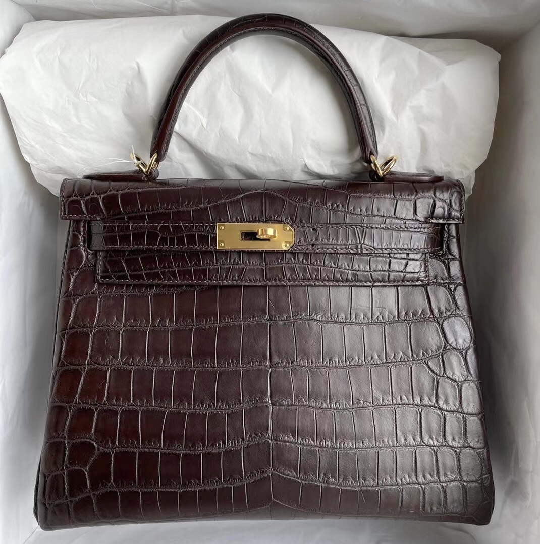 愛馬仕凱莉包28  Hermes Kelly 28cm 47 Chocolate 巧克力 霧面尼羅鱷魚金扣