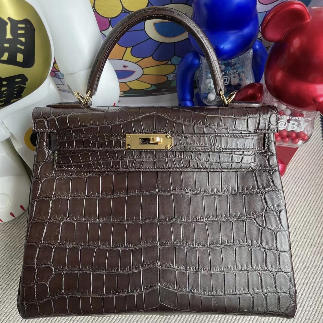 愛馬仕凱莉包28  Hermes Kelly 28cm 47 Chocolate 巧克力 霧面尼羅鱷魚金扣