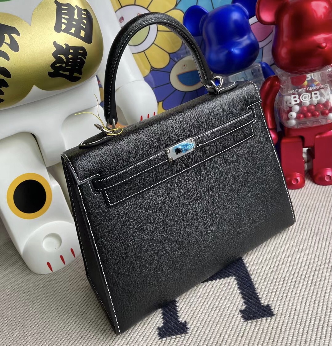 Hermes Kelly 25 Chevre 山羊皮 89 Noir 內拼Q5 Rose casaque國旗紅馬蹄印客定出