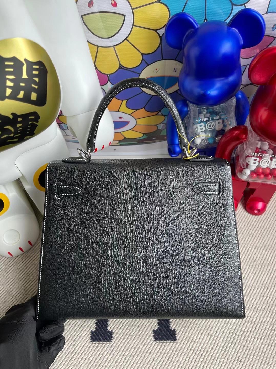 Hermes Kelly 25 Chevre 山羊皮 89 Noir 內拼Q5 Rose casaque國旗紅馬蹄印客定出