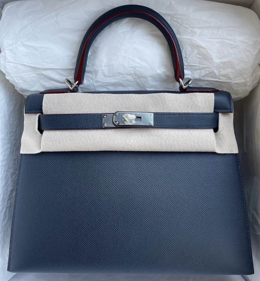 Hermes Kelly 28 Epsom 76 Blue indgo M8 Griss Asphalt P1 Rose Eglantine