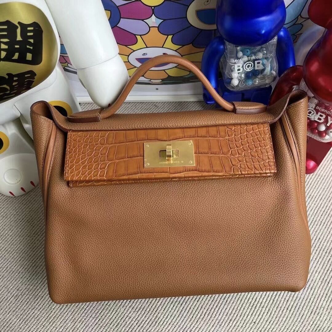 Hermes Kelly 24/24 37 Gold 金棕色 Touch Maurice 拼霧面美洲鱷魚