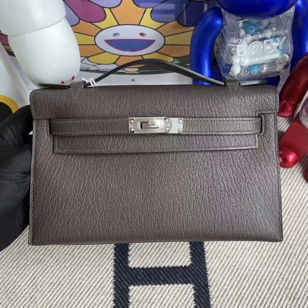 Hermes Minikelly pochette Chevre Mysore 41 Havane 哈瓦那色 銀扣