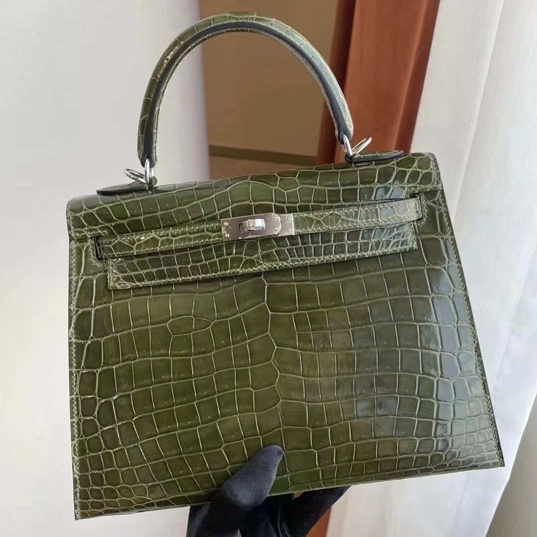 愛馬仕凱莉包25價格 Hermes Kelly 25cm 6H vert Veronese 橄欖綠 亮面鱷魚