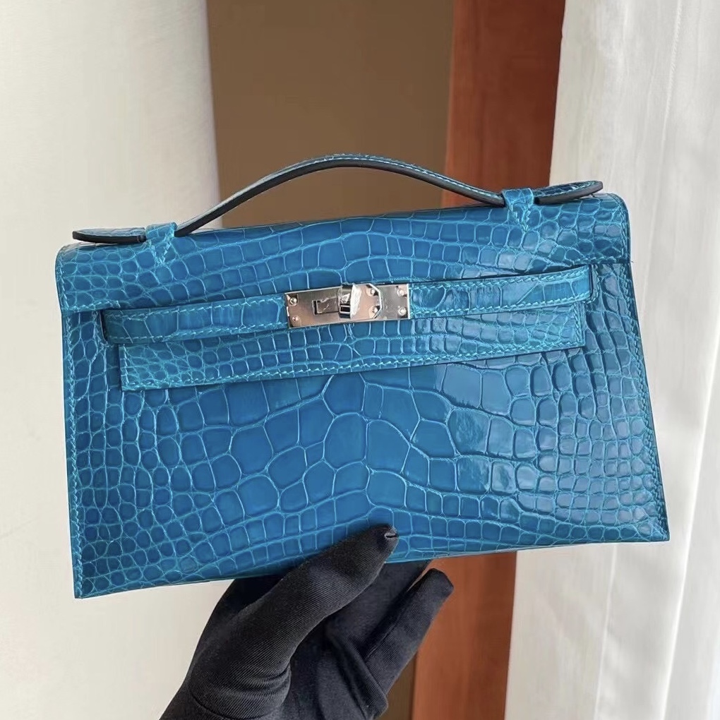 Hermes MiniKelly Pochette 7W 伊茲密爾藍 Blue Izmir 亮面美洲鱷魚