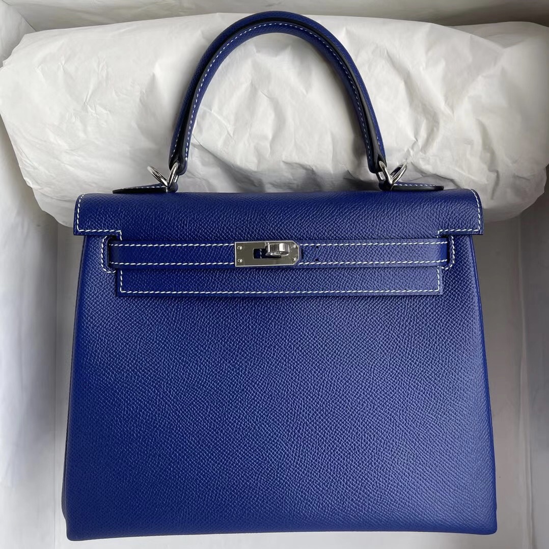 Hermes Kelly 25cm Epsom 內縫 7T Bleu Électrique 電光藍 縫製 白色線 銀扣