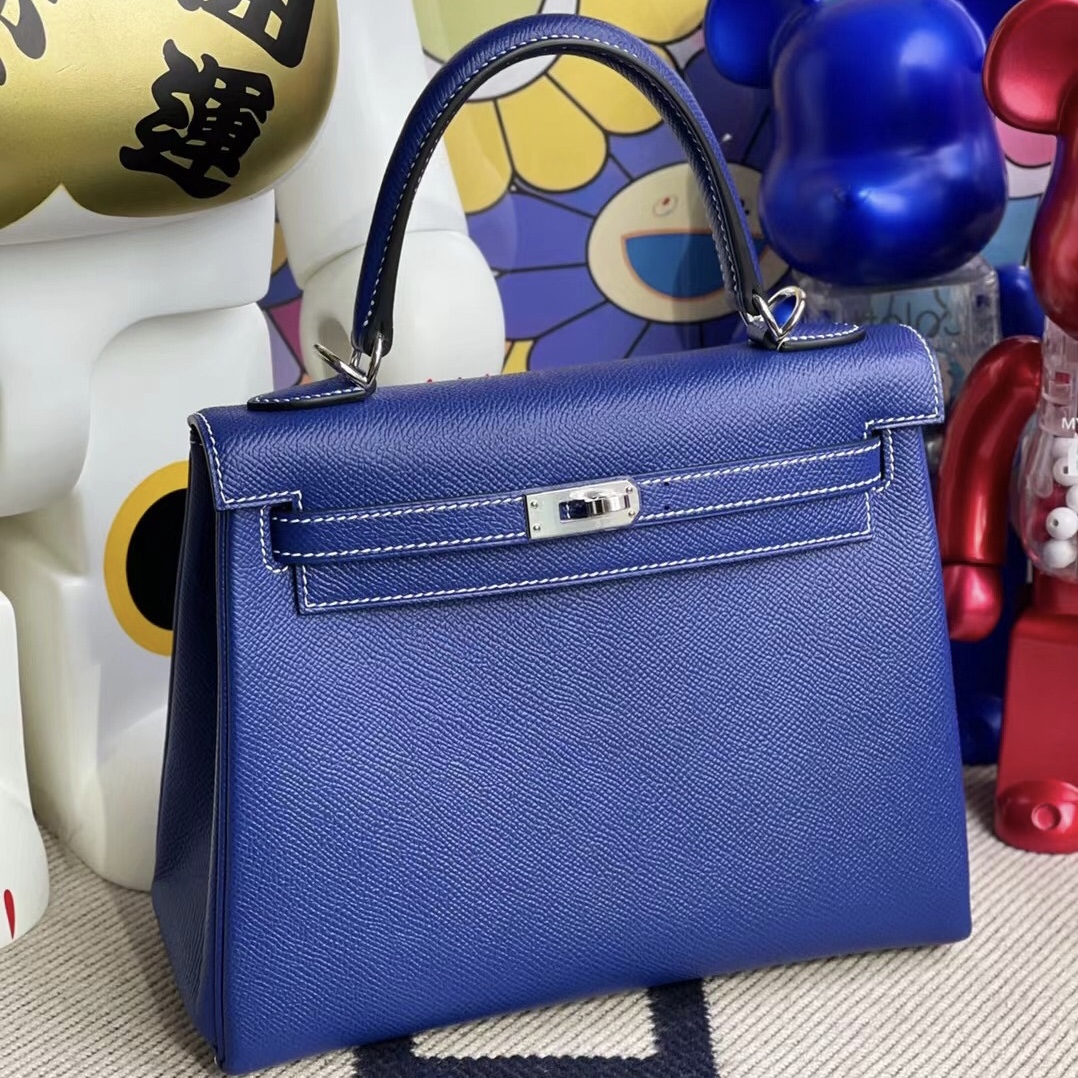 Hermes Kelly 25cm Epsom 內縫 7T Bleu Électrique 電光藍 縫製 白色線 銀扣