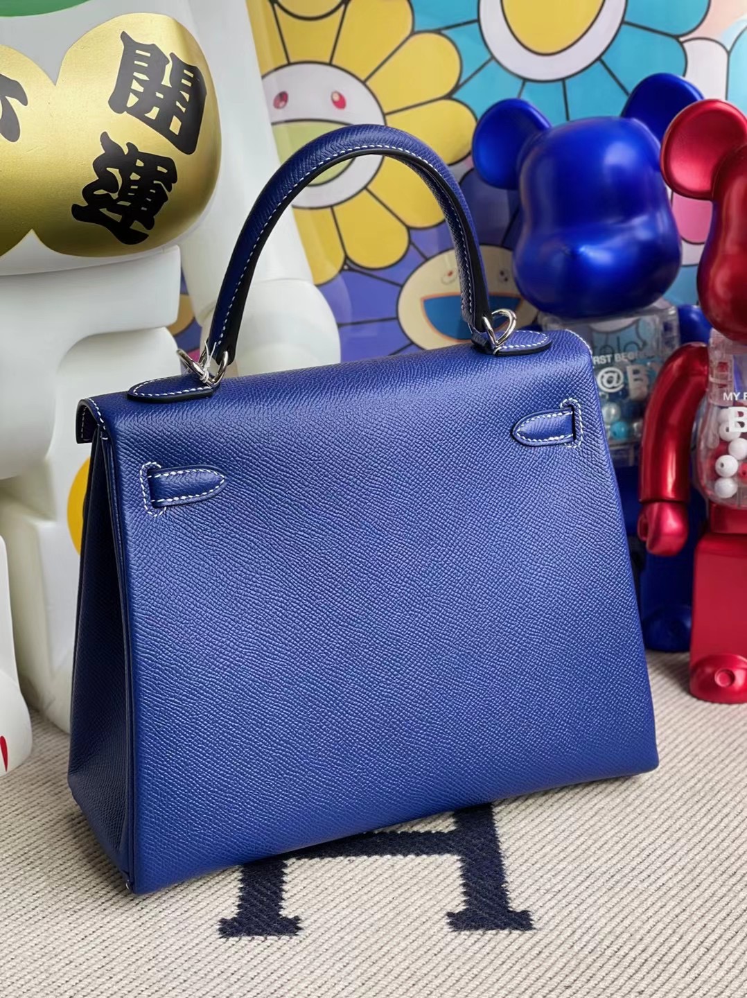 Hermes Kelly 25cm Epsom 內縫 7T Bleu Électrique 電光藍 縫製 白色線 銀扣