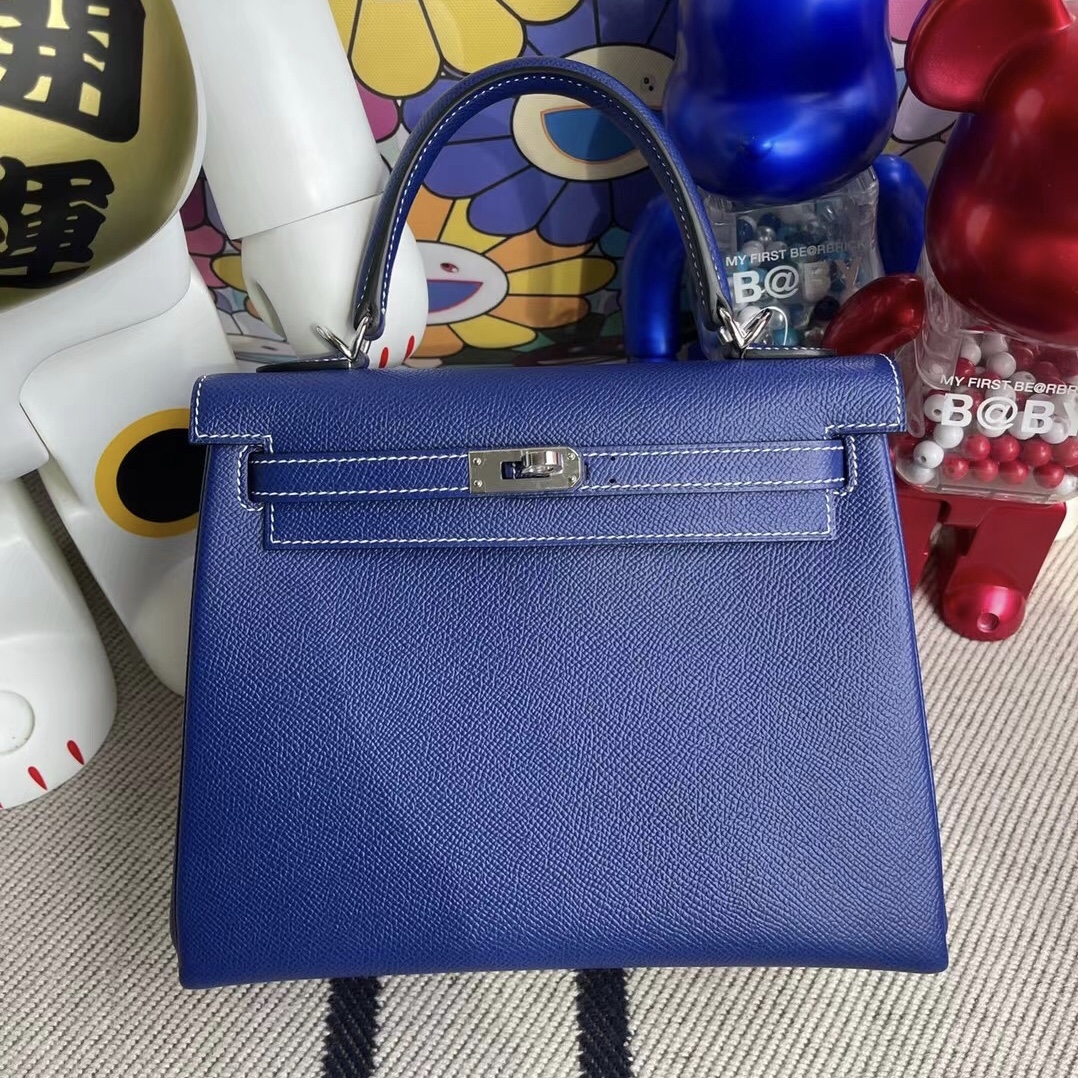 Hermes Kelly 25cm Epsom 內縫 7T Bleu Électrique 電光藍 縫製 白色線 銀扣