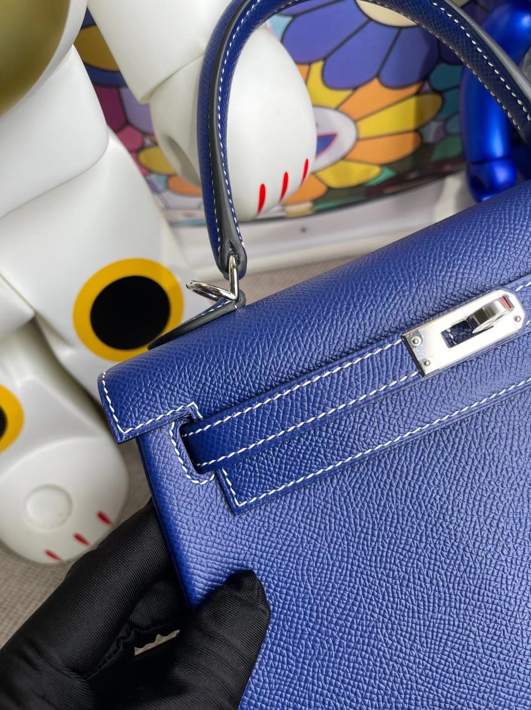 Hermes Kelly 25cm Epsom 內縫 7T Bleu Électrique 電光藍 縫製 白色線 銀扣