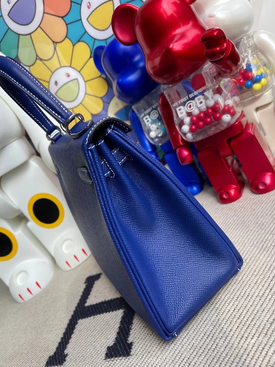 Hermes Kelly 25cm Epsom 內縫 7T Bleu Électrique 電光藍 縫製 白色線 銀扣