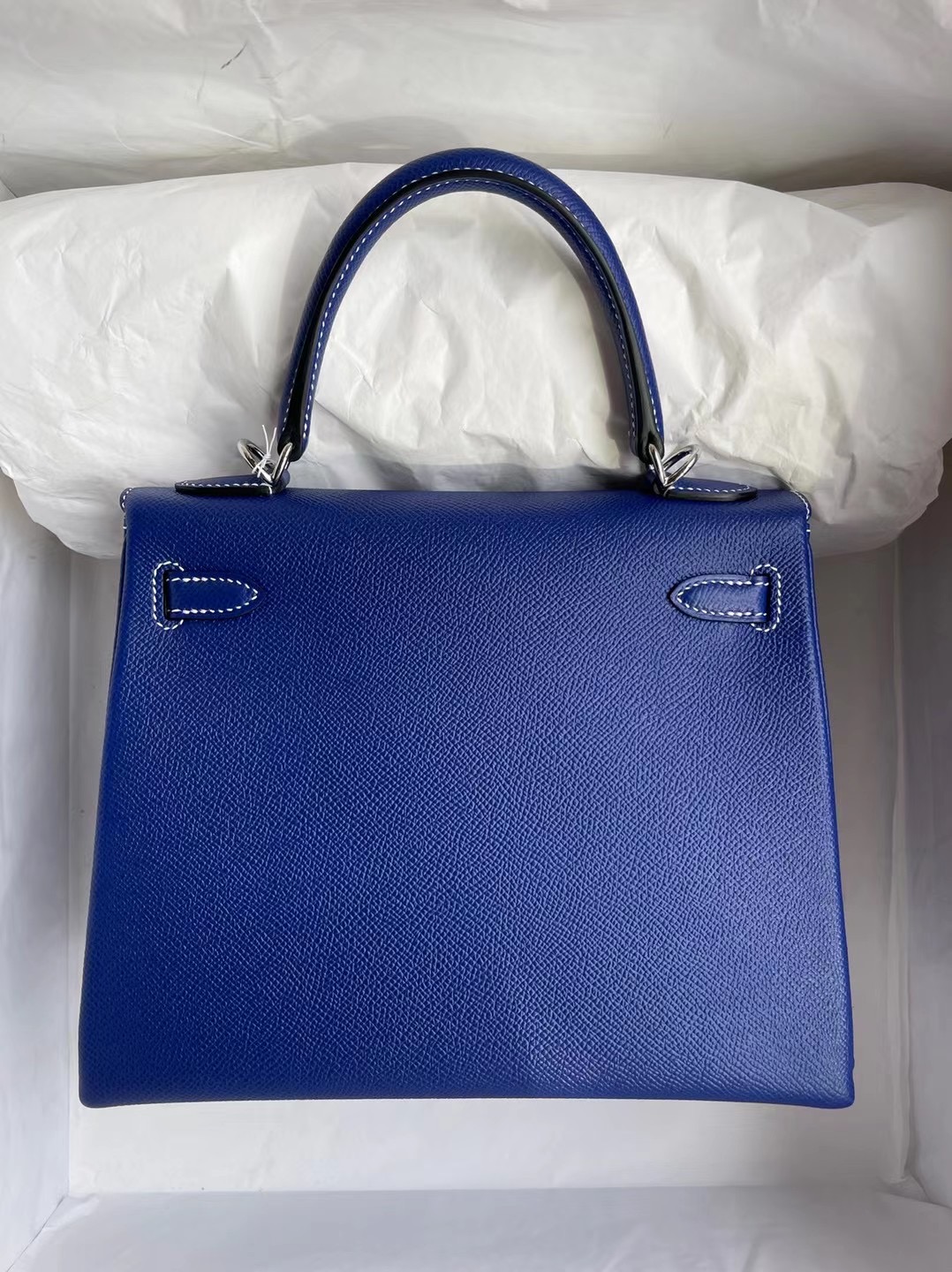 Hermes Kelly 25cm Epsom 內縫 7T Bleu Électrique 電光藍 縫製 白色線 銀扣