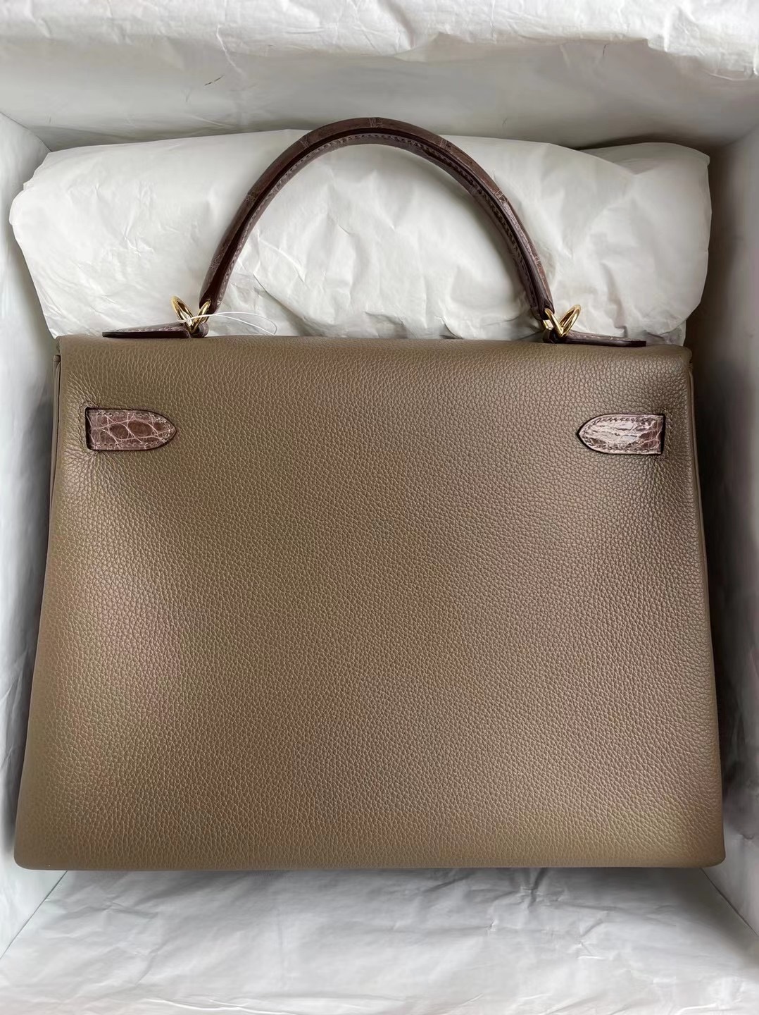 愛馬仕凱莉包32價格 Hermes Kelly 32 Touch Togo/鱷魚 18 Etoupe大象灰金扣