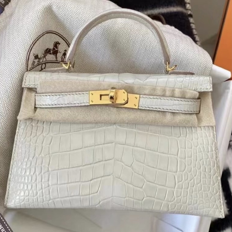 Hermes MiniKelly 二代 Matte Alligator Crocodile 8L Beton 奶油白