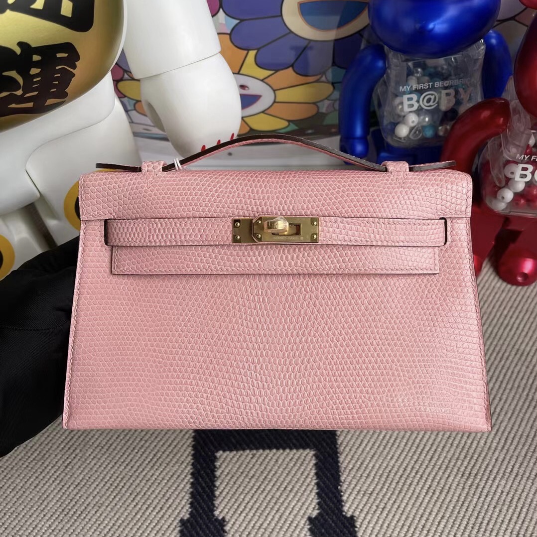 Hermes MiniKelly Pochette Lizard 蜥蜴皮 3Q Rose Sakura 櫻花粉 金扣