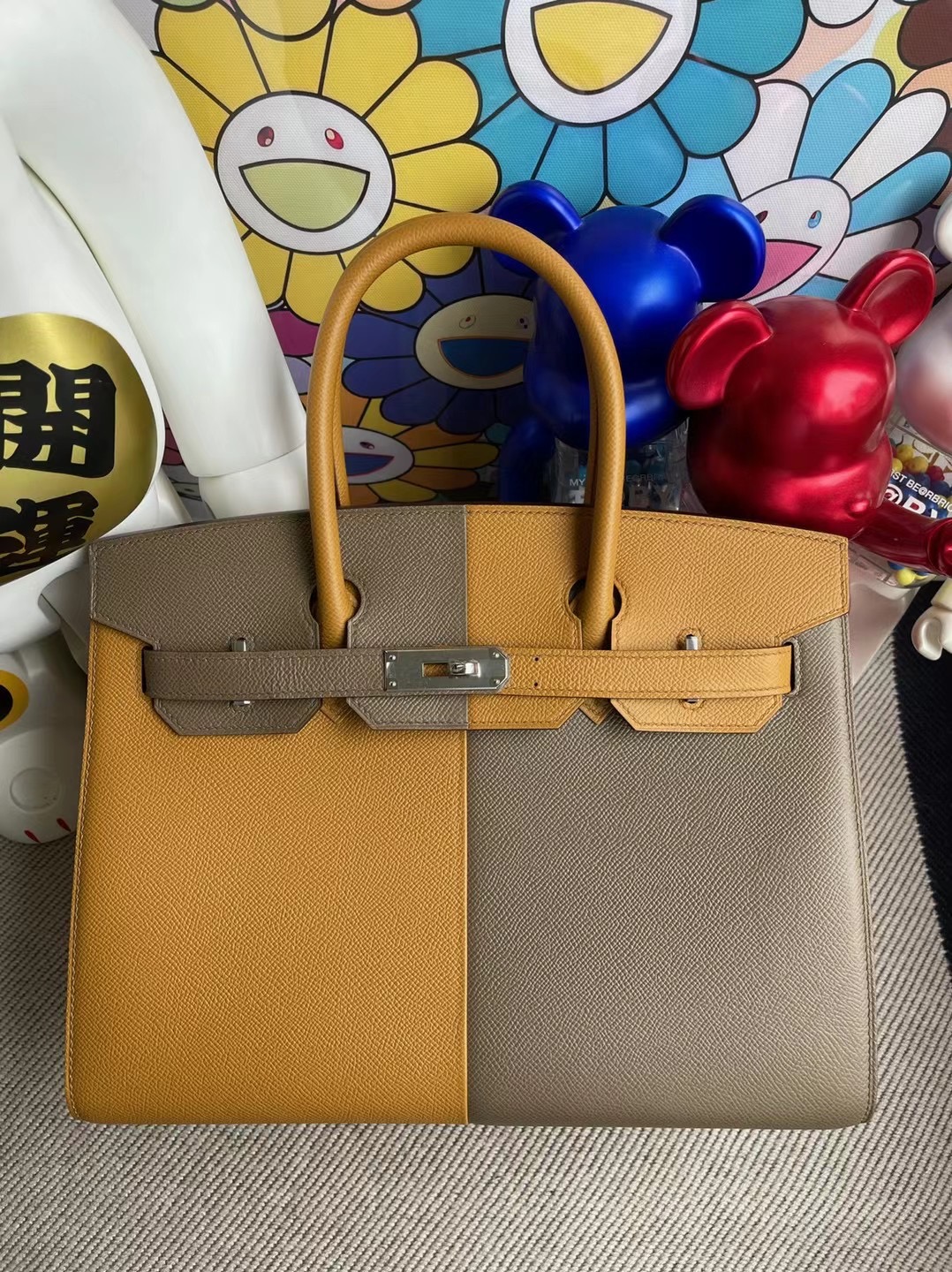 Hermes Birkin 30 Sellier外縫三拼色2S sesame 18 Etoupe內拼0F Bleu frida