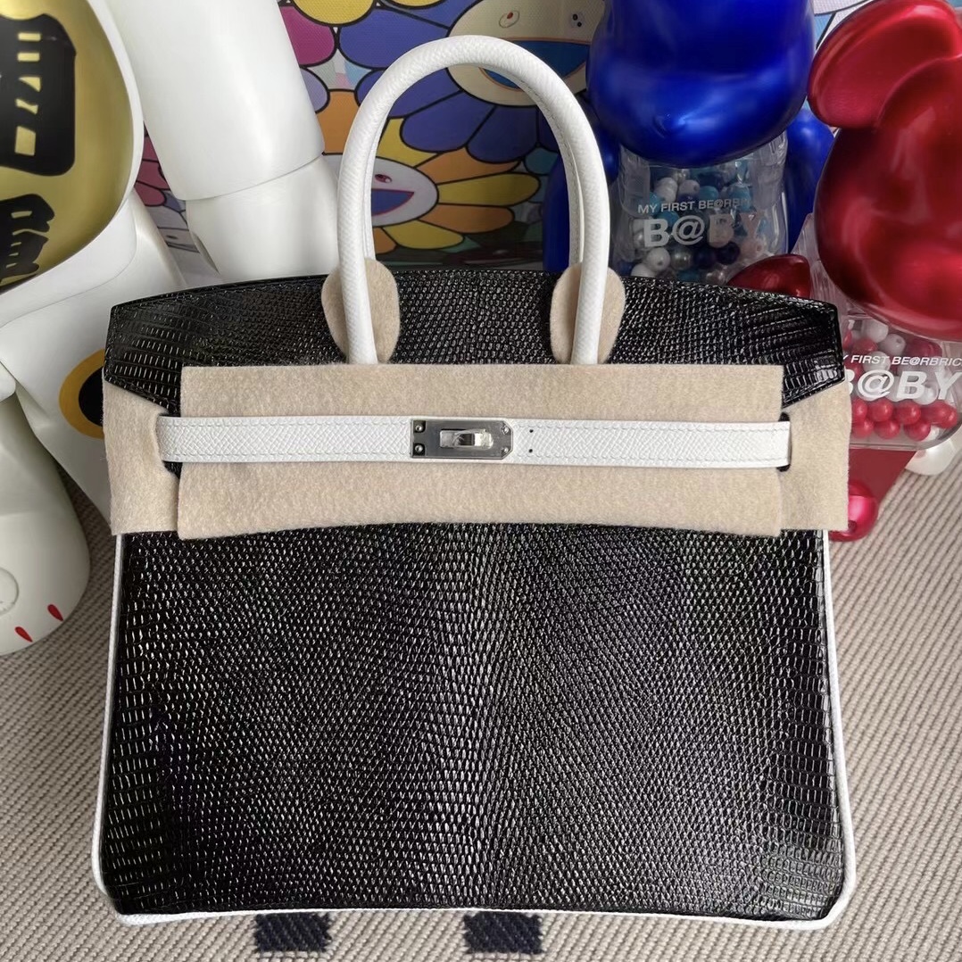 Hermes Birkin 25 Lizard 進口蜥蜴皮 89 Noir 黑色 拼 Epsom 01 Blanc 純白