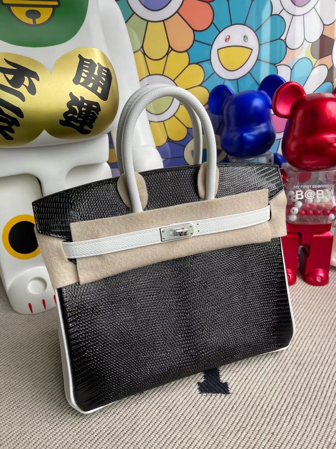 Hermes Birkin 25 Lizard 進口蜥蜴皮 89 Noir 黑色 拼 Epsom 01 Blanc 純白