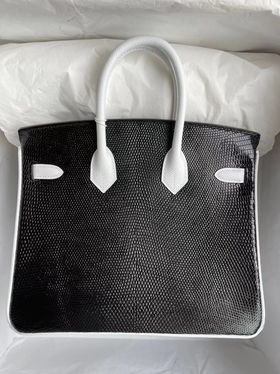 Hermes Birkin 25 Lizard 進口蜥蜴皮 89 Noir 黑色 拼 Epsom 01 Blanc 純白