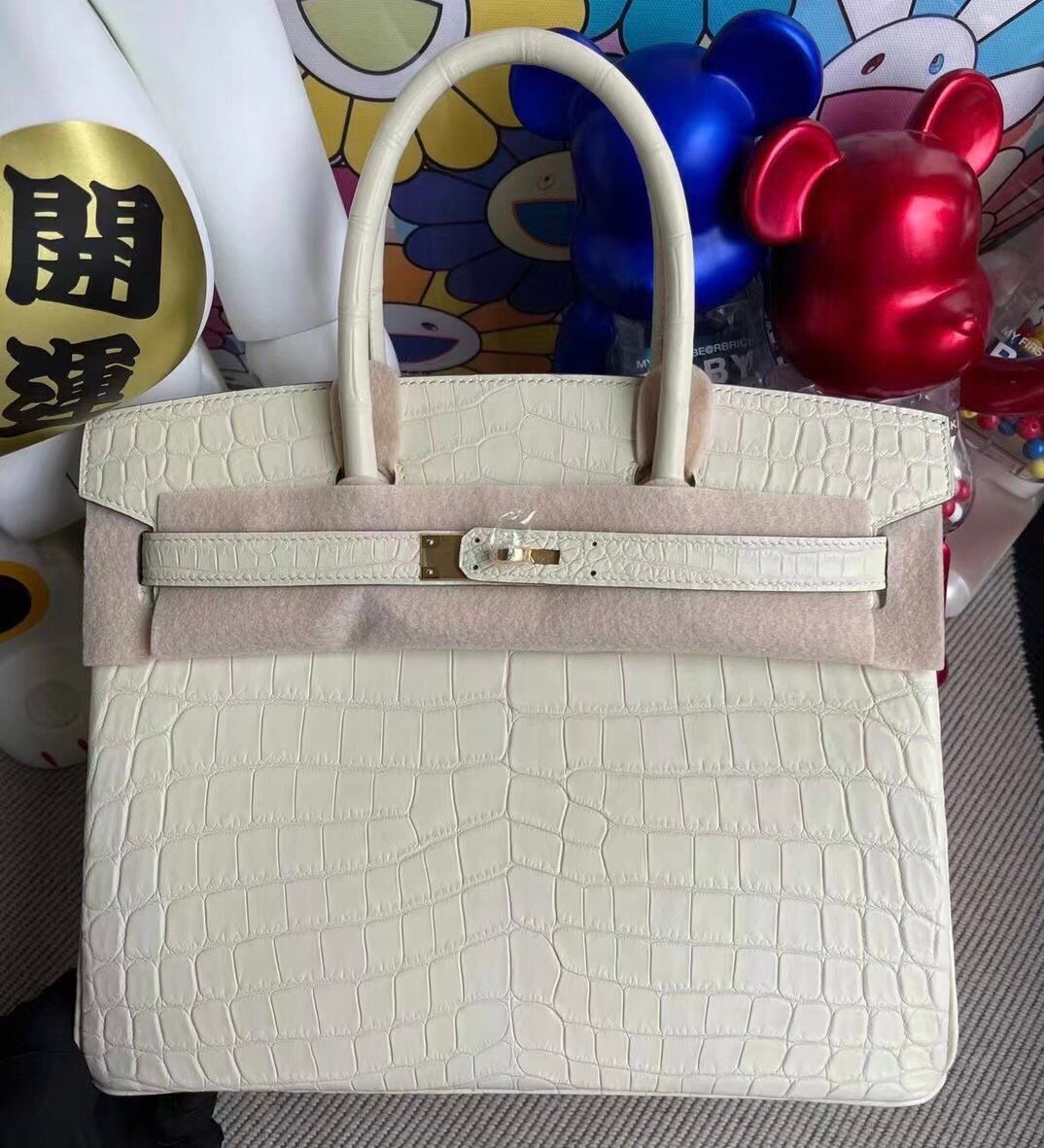 Hermes Birkin 30cm 8L Beton 奶油白 霧面尼羅鱷魚 金扣