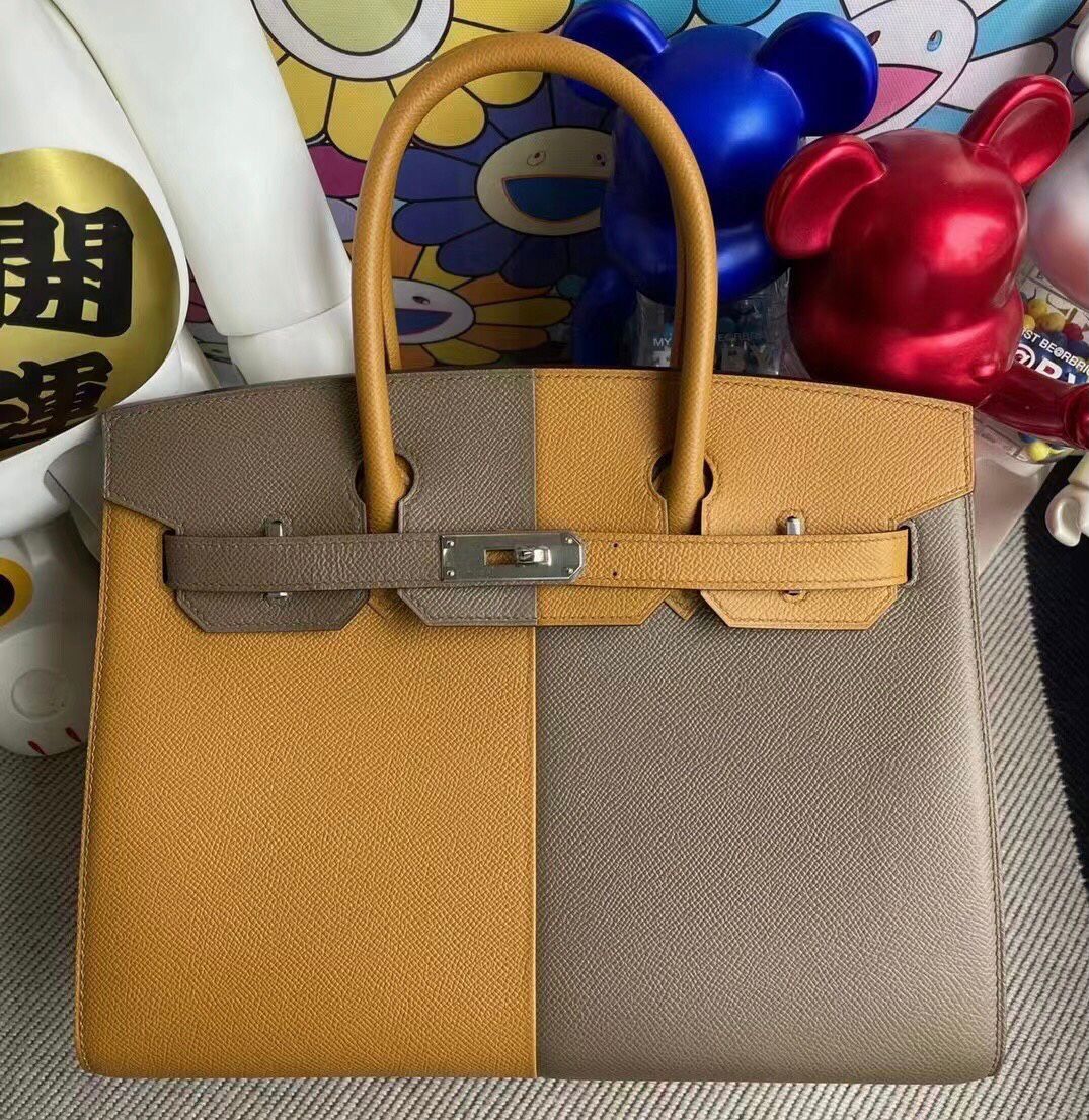 Hermes Birkin 30 Sellier外縫三拼色2S sesame 18 Etoupe內拼0F Bleu frida