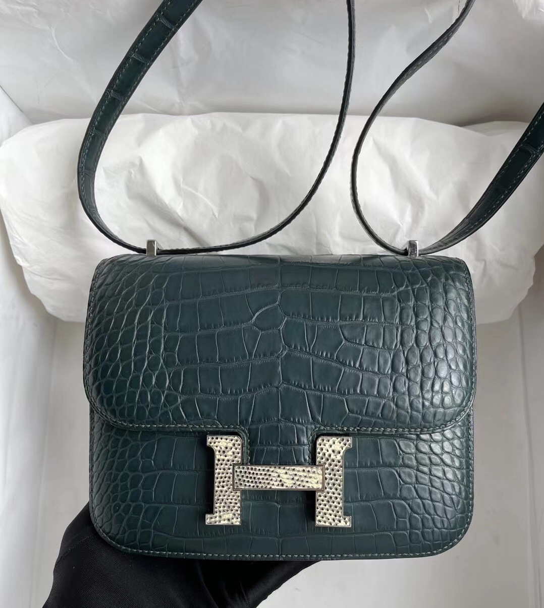 Hermes Constance 19 美洲鱷魚 V0 vert rousseau 盧梭綠拼自然色 蜥蜴扣