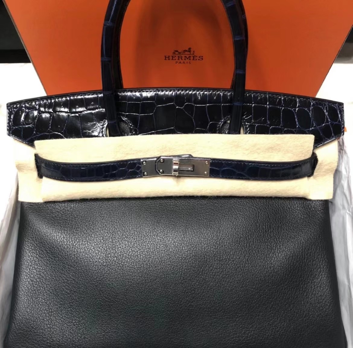 Hermes Birkin 30cm Touch TN 皮 拼亮面 尼羅鱷魚 89 Noir 黑色 銀扣