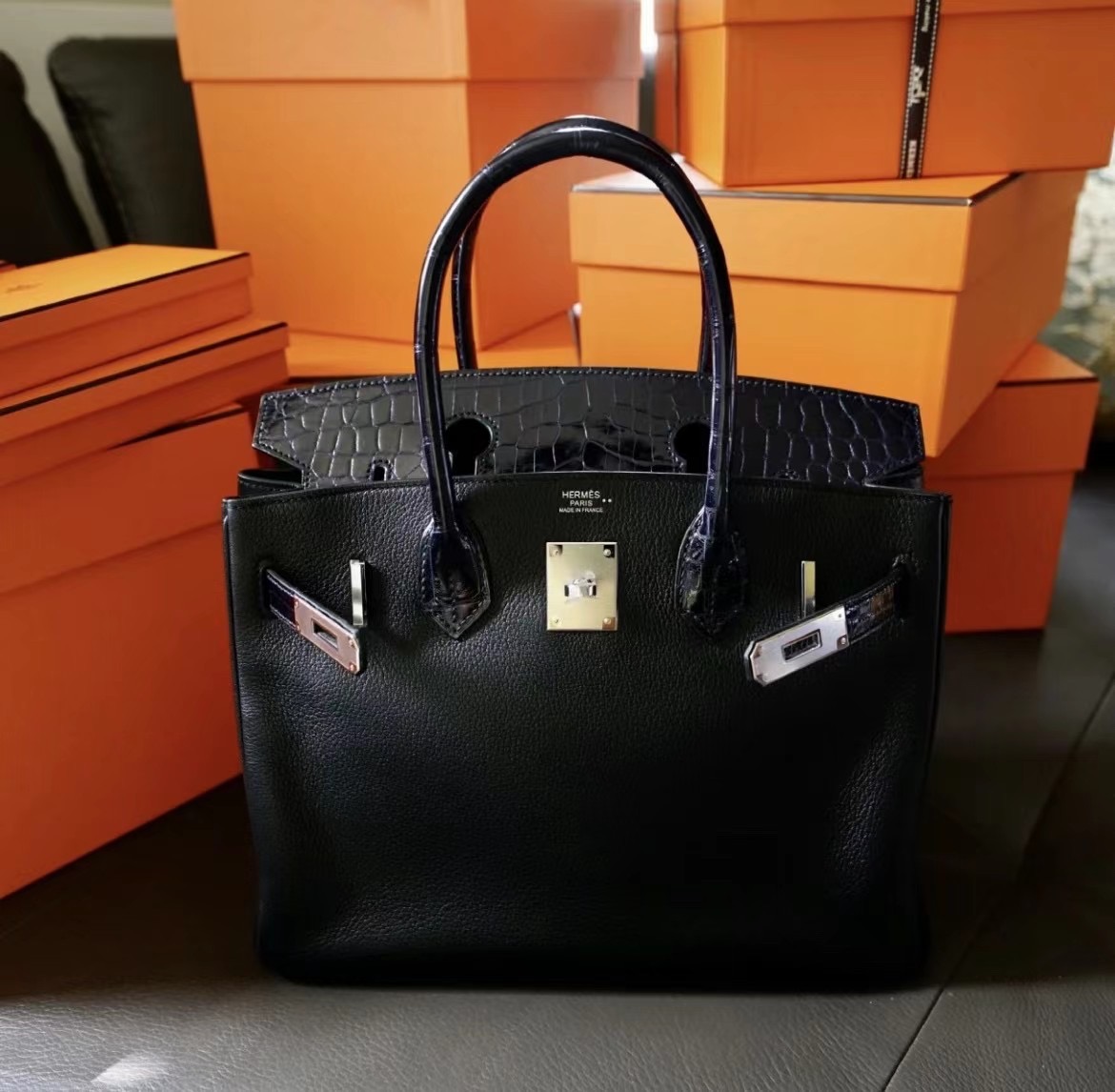 Hermes Birkin 30cm Touch TN 皮 拼亮面 尼羅鱷魚 89 Noir 黑色 銀扣