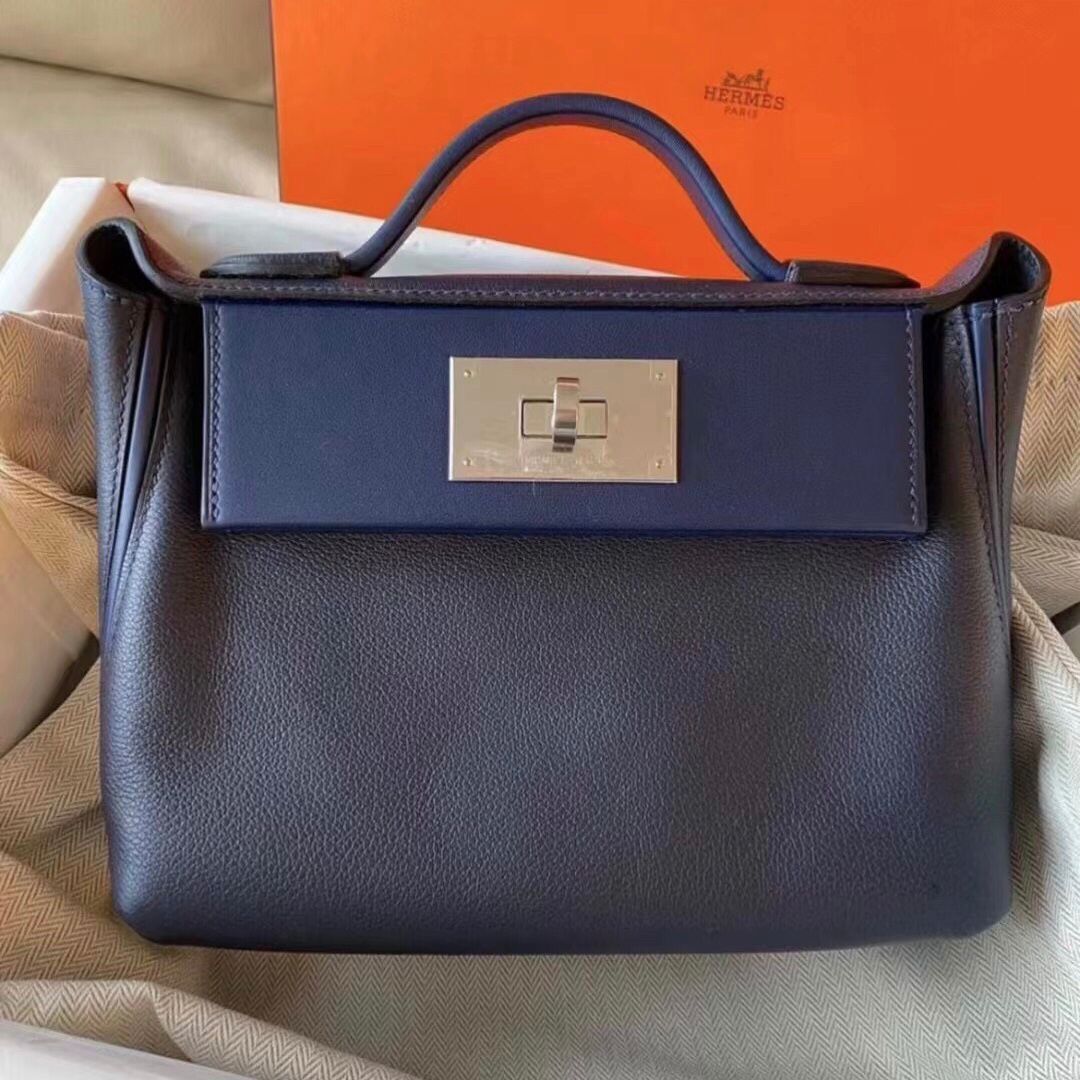 Hermes kelly 24/24 Mini Evercolor 拼 Swift 2Z午夜藍 拼 78海軍藍 銀扣