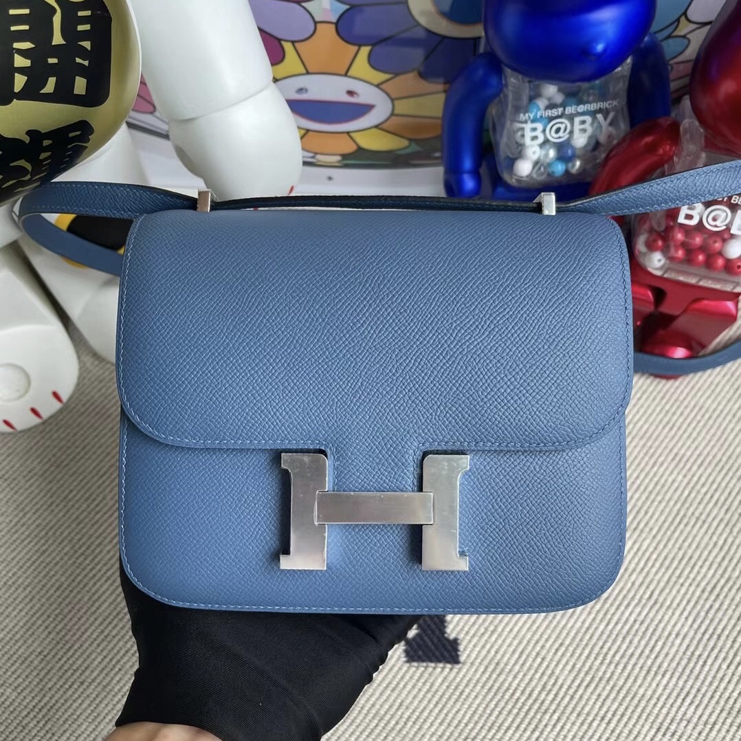 愛馬仕康斯坦斯包價格 Hermes Constance 19cm Epsom 7R azur 霧霾藍 銀扣