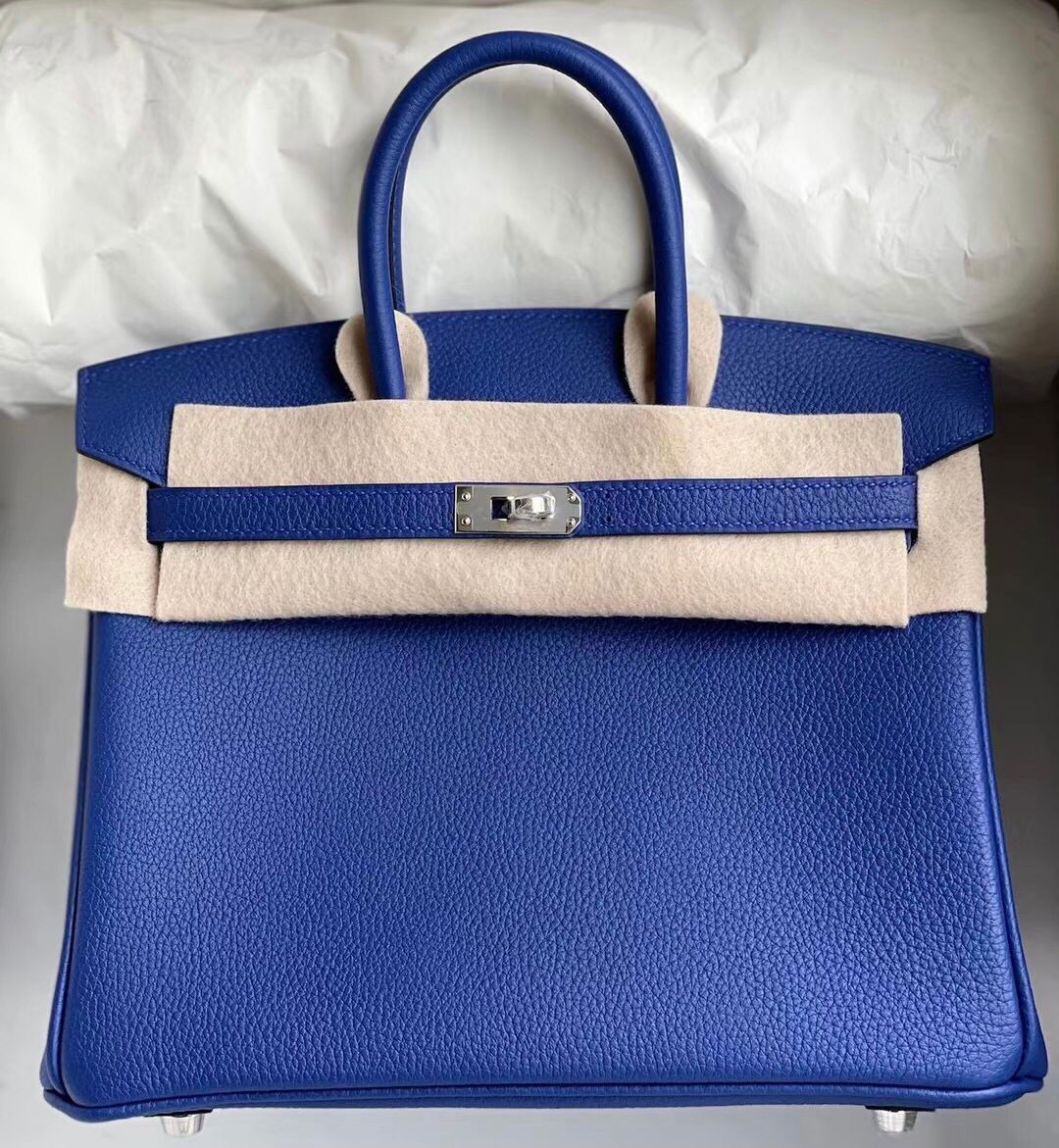 愛馬仕鉑金包包 Hermes Birkin 25 Togo 7T Blue Electric 電光藍內拼93 Orange橙色銀扣