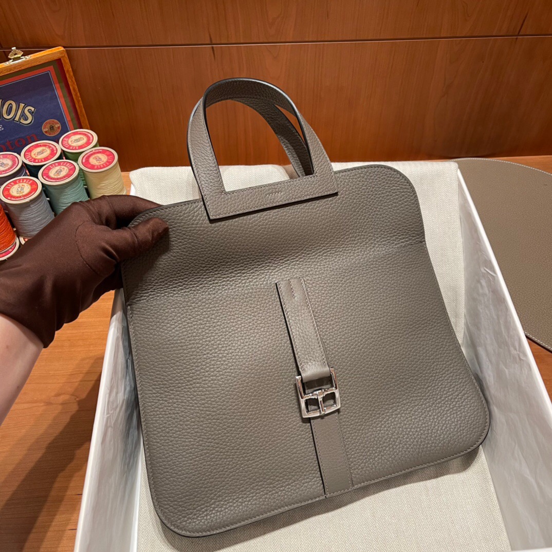 Hermes Halzan 31cm taurillon Clemence 8F 錫器灰 Etain 银扣金属