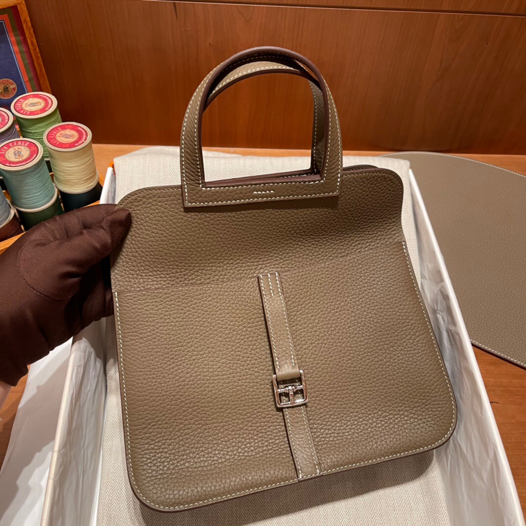 Hermes Halzan 25cm taurillon Clemence 皮 18 大象灰 Etoupe 全手工蜜蠟線縫製