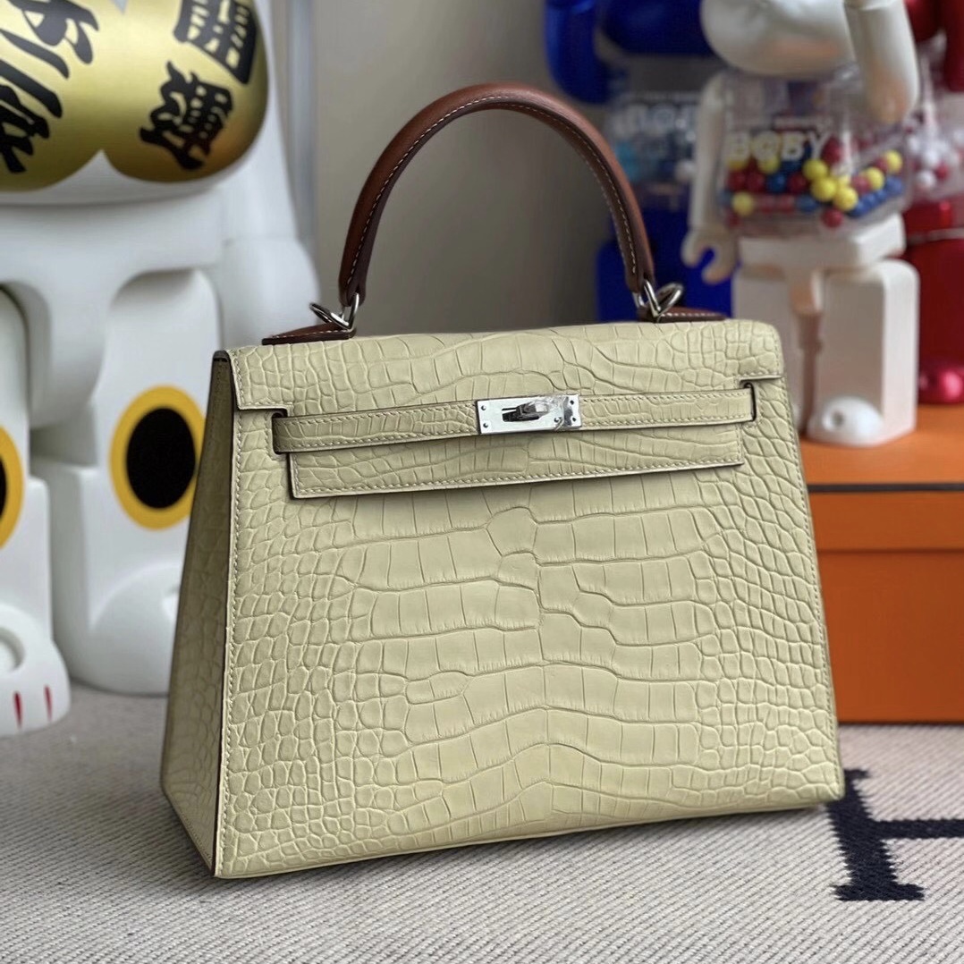 Hermes Kelly 25cm 霧面方塊 美洲鱷魚  Y1 香草色 手腕 Barenia Natural 馬鞍皮