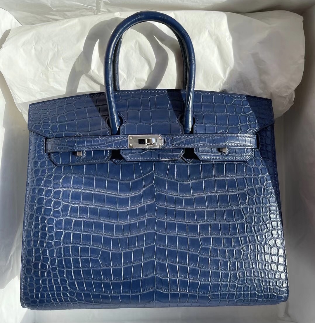 Hermes Birkin 25cm 外縫 S4 Deep Blue 深邃藍倒V 澳洲灣鱷 porosus crocodile phw