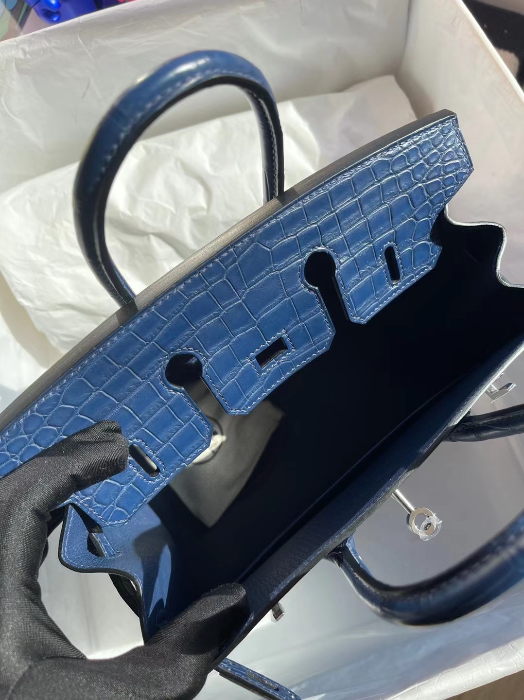 Hermes Birkin 25cm 外縫 S4 Deep Blue 深邃藍倒V 澳洲灣鱷 porosus crocodile phw