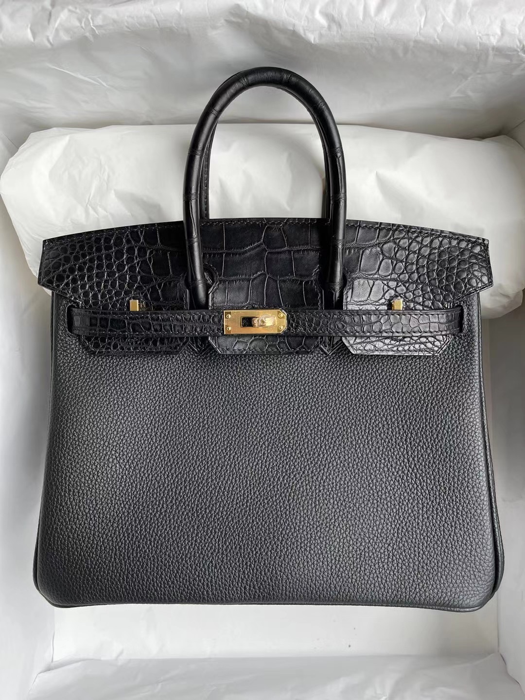 愛馬仕2022年刻印 Thailand Hermes Birkin 25cm 89 Noir Touch Togo/亮面尼羅鱷魚