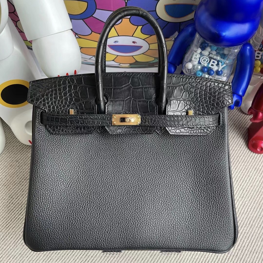 愛馬仕2022年刻印 Thailand Hermes Birkin 25cm 89 Noir Touch Togo/亮面尼羅鱷魚