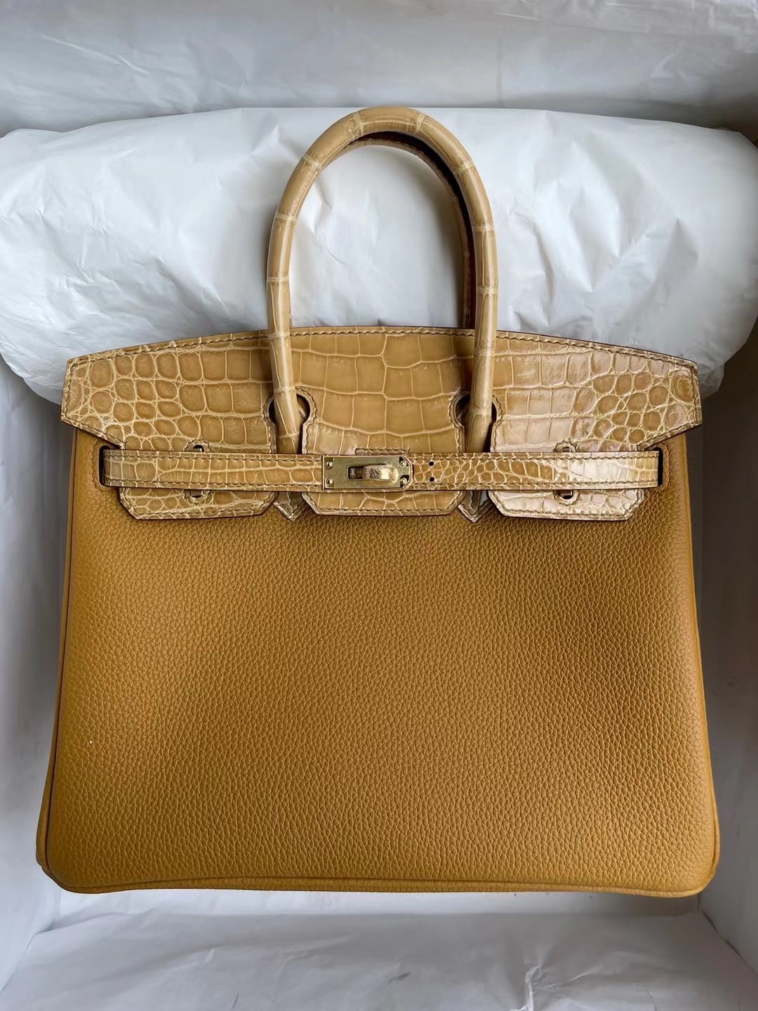 Thailand Hermes Birkin 25cm Touch Togo 4B Biscuit 餅幹色/亮面尼羅沙米色 金扣