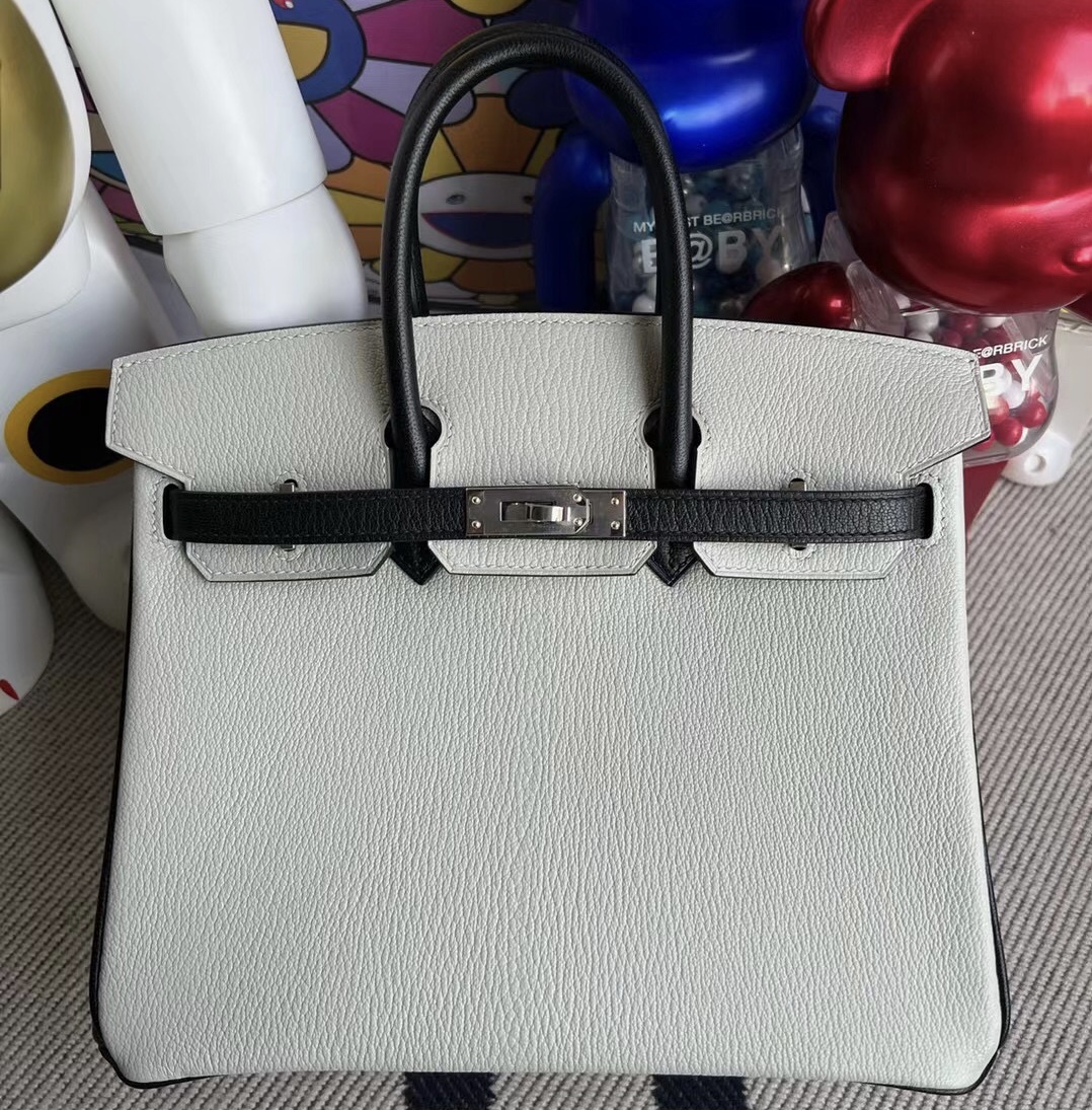 Hermes Birkin 25cm Chevre 山羊皮 80 Gris Perle/89 Noir 黑色 銀扣