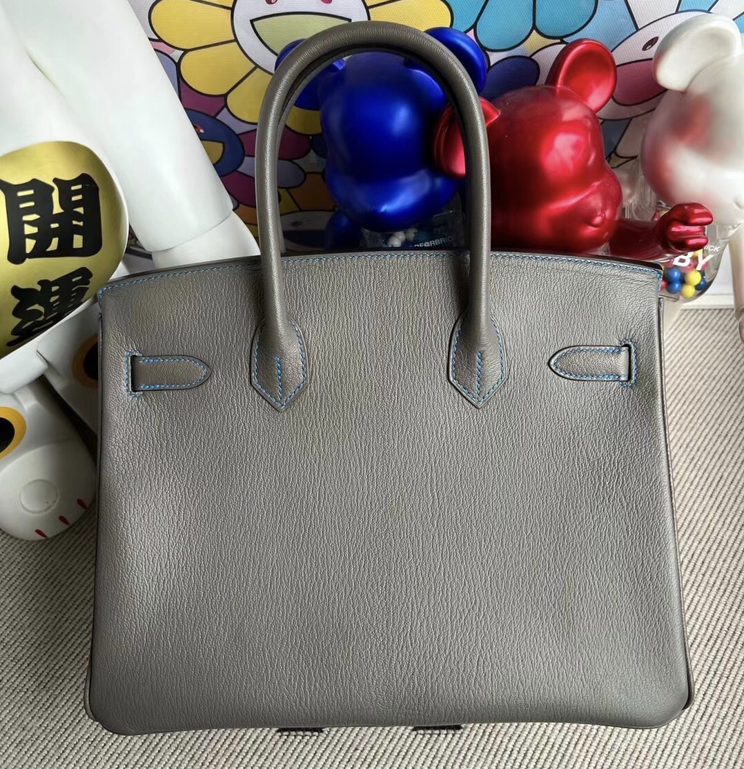 Hermes Birkin 30 Chevre 進口山羊皮 8F Etain內拼T7 Bleu Hydra 金扣馬蹄印