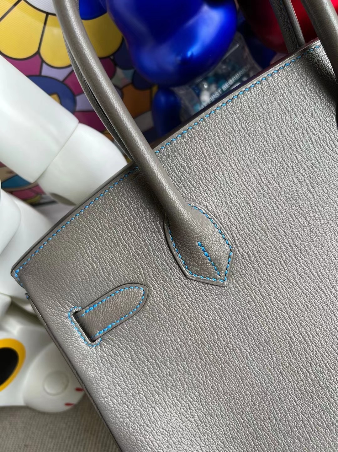 Hermes Birkin 30 Chevre 進口山羊皮 8F Etain內拼T7 Bleu Hydra 金扣馬蹄印