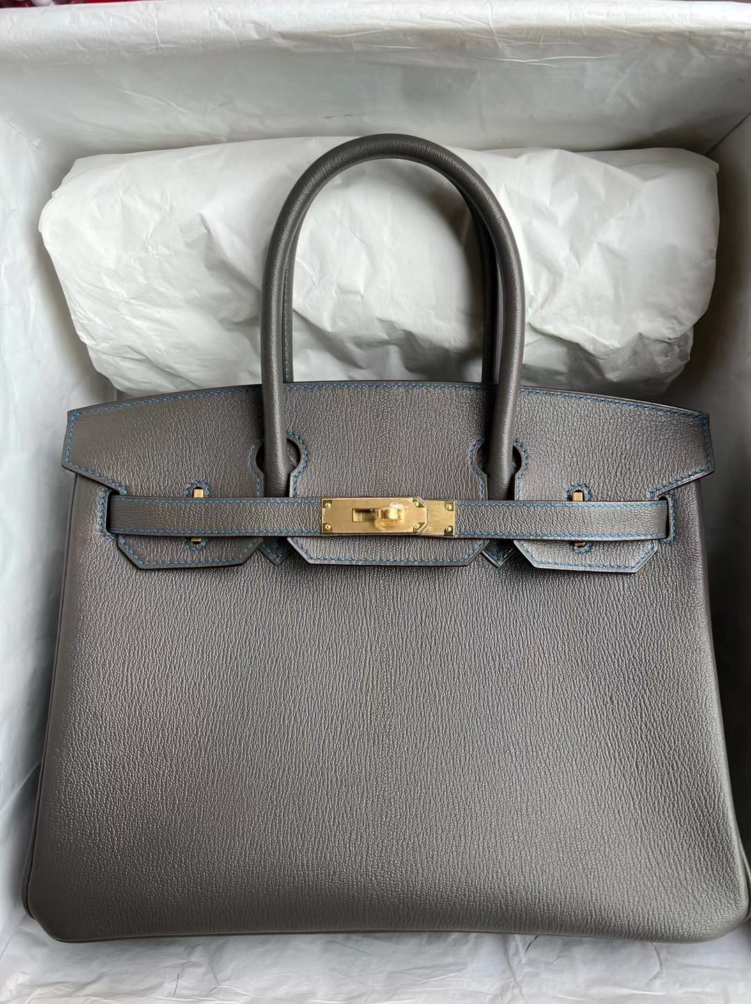 Hermes Birkin 30 Chevre 進口山羊皮 8F Etain內拼T7 Bleu Hydra 金扣馬蹄印