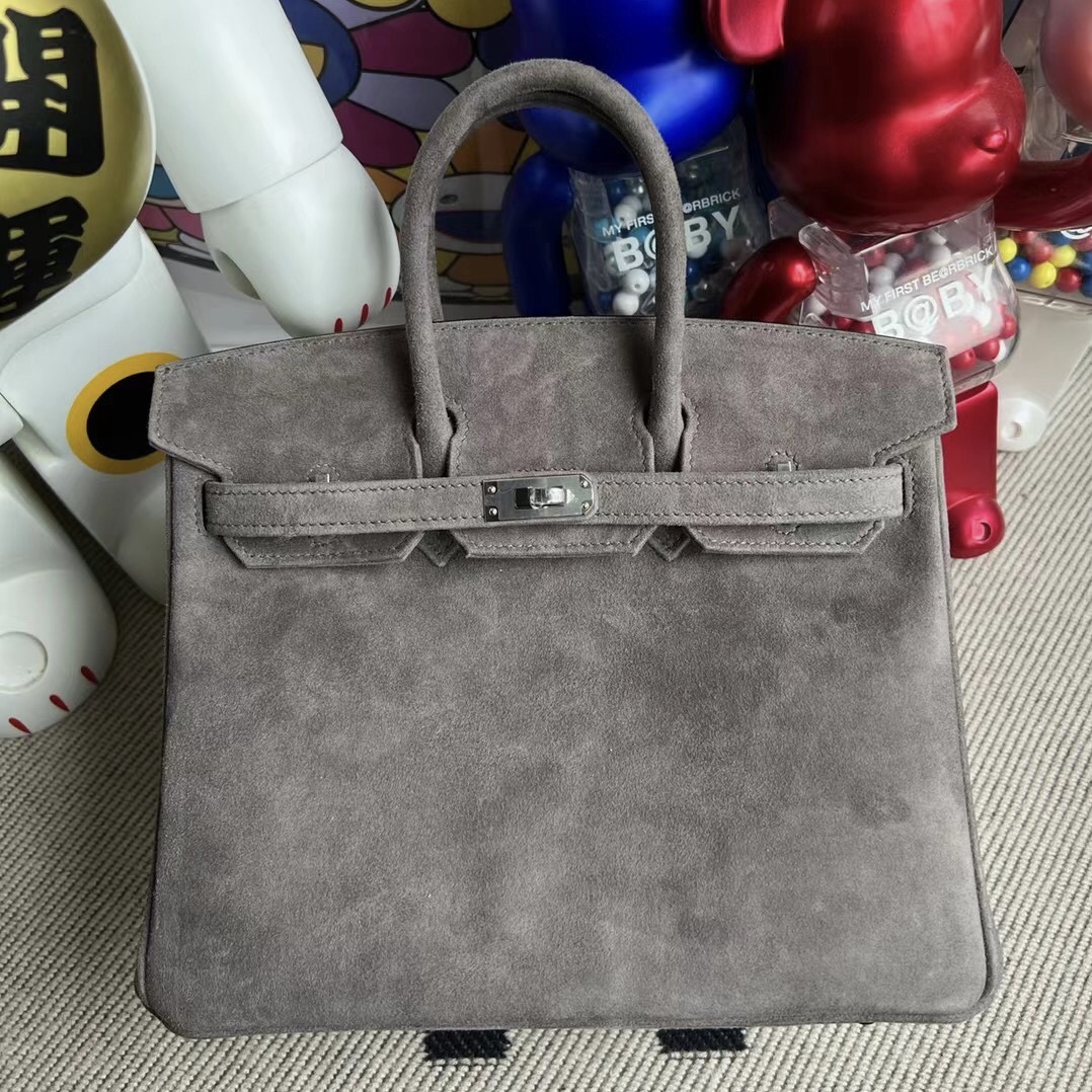 愛馬仕 官網 Hermes Birkin 25cm Boblis Suede 麂皮 8F Etain 錫器灰 銀扣