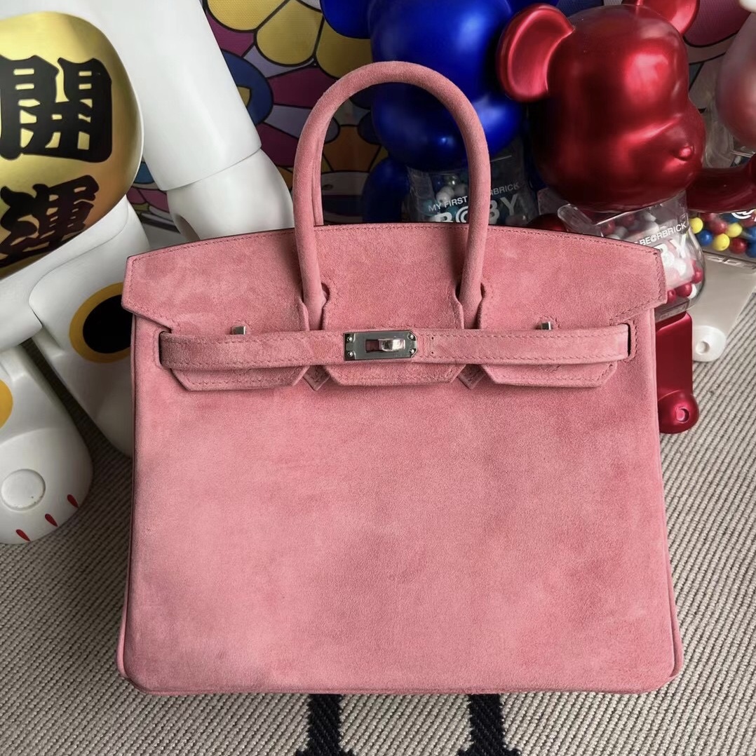 愛馬仕全球官網價格 Hermes Birkin 25cm Boblis Suede 麂皮 玫瑰粉色 銀扣