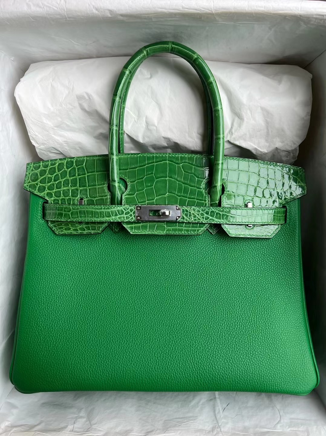 Hermes Birkin 30cm 1K bambou 竹子綠 Touch Togo/亮面尼羅鱷魚 銀扣