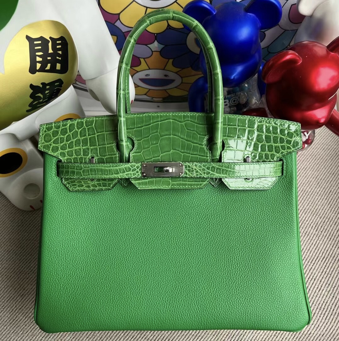 Hermes Birkin 30cm 1K bambou 竹子綠 Touch Togo/亮面尼羅鱷魚 銀扣