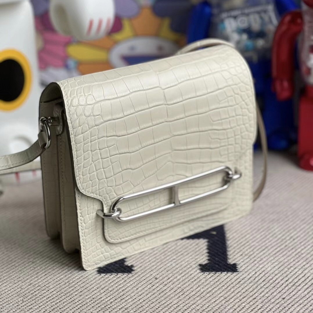 馬來西亞愛馬仕專賣店 Hermes Roulis Mini 18cm 8L Beton 奶油白 霧面美洲鱷魚