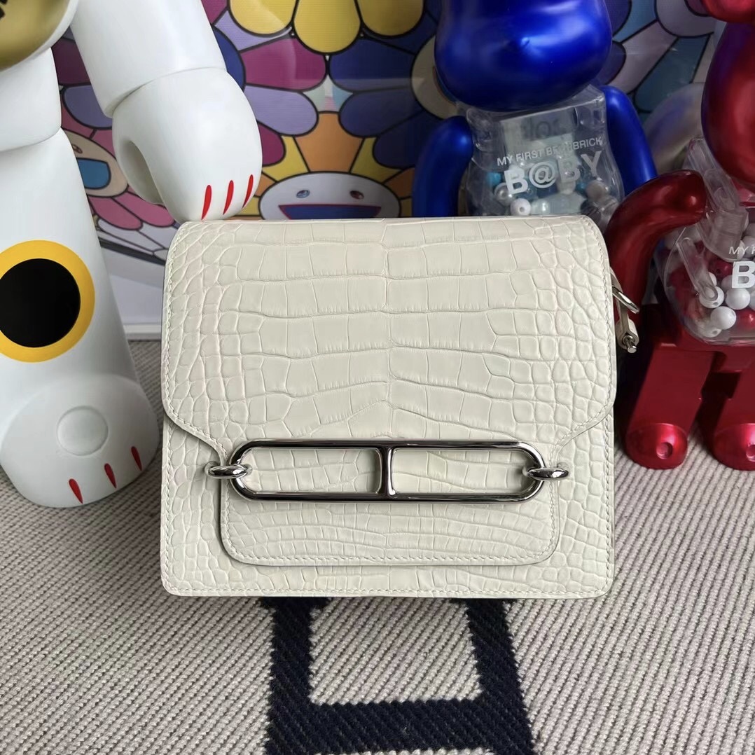 馬來西亞愛馬仕專賣店 Hermes Roulis Mini 18cm 8L Beton 奶油白 霧面美洲鱷魚